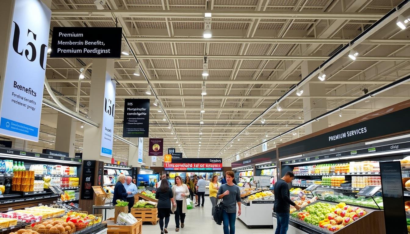 A vast, well-lit interior of a modern, well-stocked supermarket. The foreground showcases an array of enticing products and displays, inviting customers to explore the store's offerings. In the middle ground, shoppers move through the aisles, examining goods and interacting with helpful staff. The background reveals a sleek, contemporary design, with high ceilings, ample natural light, and strategically placed signage highlighting the store's membership benefits and premium services. The overall atmosphere conveys a sense of efficiency, convenience, and a premium shopping experience tailored to the discerning needs of the modern consumer. A vast, well-lit interior of a modern, well-stocked supermarket. The foreground showcases an array of enticing products and displays, inviting customers to explore the store's offerings. In the middle ground, shoppers move through the aisles, examining goods and interacting with helpful staff. The background reveals a sleek, contemporary design, with high ceilings, ample natural light, and strategically placed signage highlighting the store's membership benefits and premium services. The overall atmosphere conveys a sense of efficiency, convenience, and a premium shopping experience tailored to the discerning needs of the modern consumer.