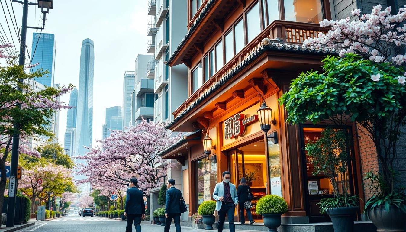 A vibrant Japanese landscape, showcasing a prestigious travel agency's storefront. The building's exterior features intricate architectural details, with a traditional Japanese design aesthetic. The entrance is flanked by lush greenery, creating a serene and inviting atmosphere. Soft, diffused lighting illuminates the scene, casting a warm glow across the scene. The foreground depicts well-dressed customers entering the agency, conveying a sense of high-end, luxury travel services. In the background, a bustling urban setting with towering skyscrapers and cherry blossom trees creates a picturesque, quintessentially Japanese backdrop. The overall composition strikes a balance between modern and traditional elements, reflecting the top-tier travel agency's expertise in crafting unforgettable Japanese experiences. A vibrant Japanese landscape, showcasing a prestigious travel agency's storefront. The building's exterior features intricate architectural details, with a traditional Japanese design aesthetic. The entrance is flanked by lush greenery, creating a serene and inviting atmosphere. Soft, diffused lighting illuminates the scene, casting a warm glow across the scene. The foreground depicts well-dressed customers entering the agency, conveying a sense of high-end, luxury travel services. In the background, a bustling urban setting with towering skyscrapers and cherry blossom trees creates a picturesque, quintessentially Japanese backdrop. The overall composition strikes a balance between modern and traditional elements, reflecting the top-tier travel agency's expertise in crafting unforgettable Japanese experiences.