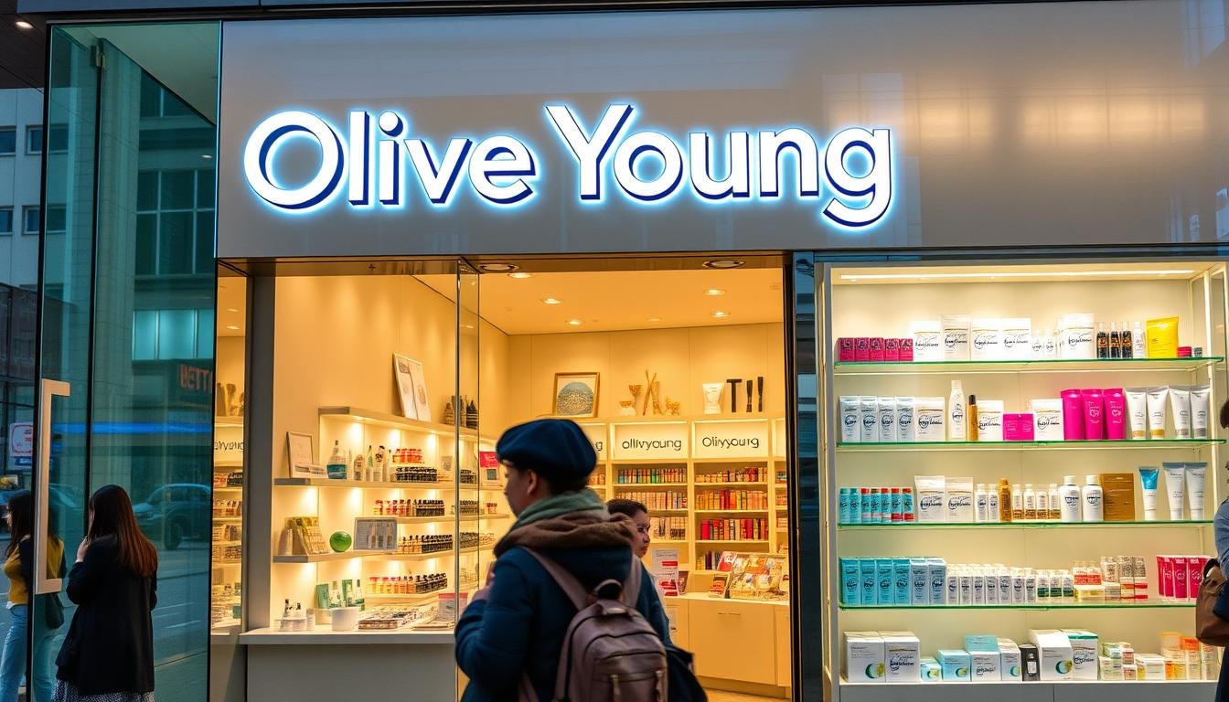 A vibrant Olive Young storefront in Busan, South Korea, showcasing the latest makeup and beauty products. The sleek glass facade reflects the city's bustling streets, while the interior displays an array of neatly arranged cosmetics, skincare, and personal care items. Bright lighting illuminates the clean, modern shelves, enticing passersby to step inside and explore the Korean beauty trends. A warm, inviting atmosphere permeates the scene, capturing the essence of a must-visit shopping destination for discerning beauty enthusiasts.