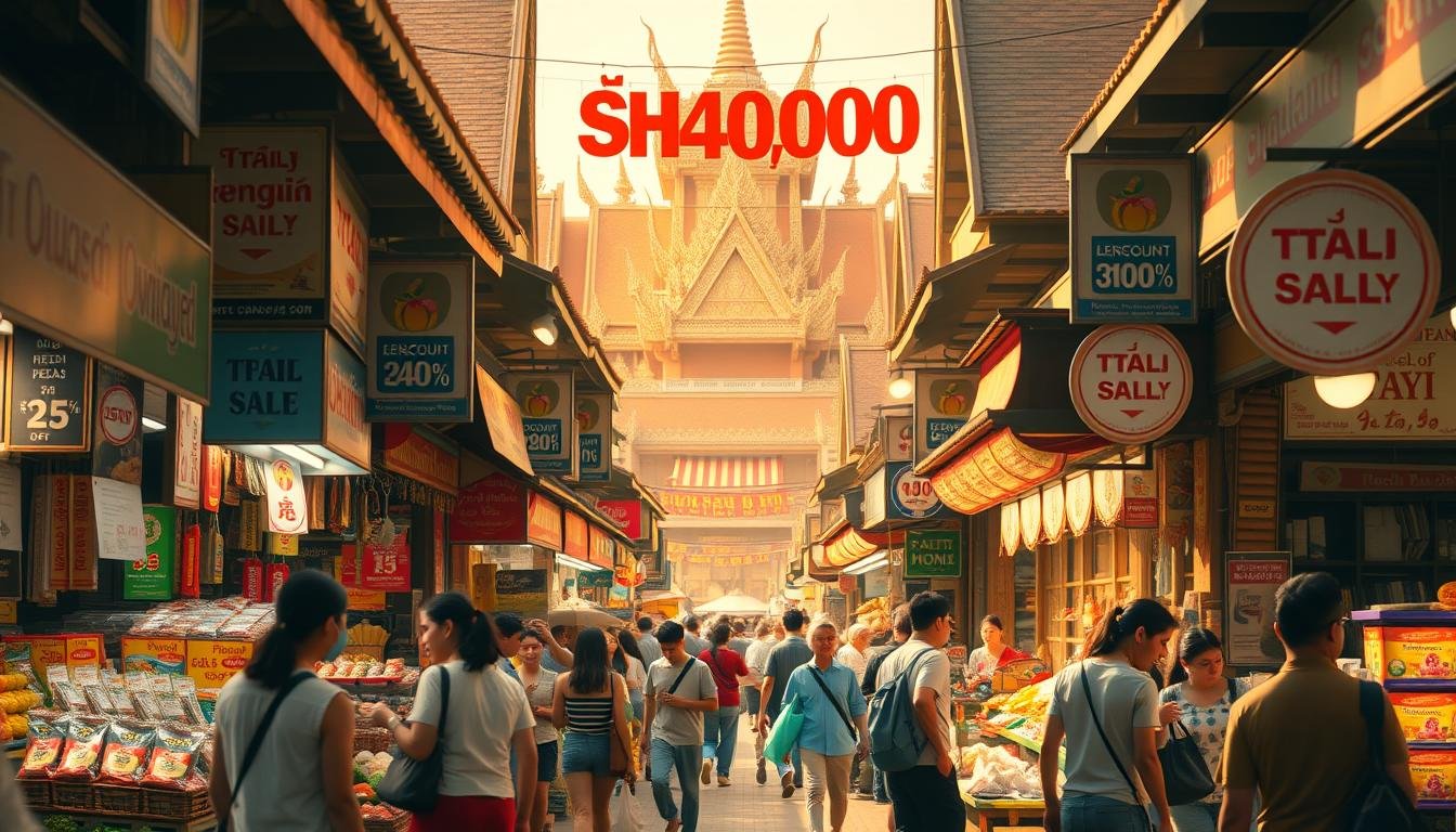A vibrant Thai-inspired marketplace scene, with colorful stalls offering an array of discounted goods and promotional banners. In the foreground, vendors enthusiastically showcase their wares, while shoppers browse the selection, seeking the best bargains. The middle ground features an array of discount signs, highlighting the enticing offers. The background is dotted with traditional Thai architectural elements, creating an immersive and authentic atmosphere. The lighting is warm and inviting, casting a golden glow over the entire scene, conveying a sense of excitement and value. The overall composition emphasizes the abundance of discounted and promotional items, reflecting the "price-conscious and promotional" theme. A vibrant Thai-inspired marketplace scene, with colorful stalls offering an array of discounted goods and promotional banners. In the foreground, vendors enthusiastically showcase their wares, while shoppers browse the selection, seeking the best bargains. The middle ground features an array of discount signs, highlighting the enticing offers. The background is dotted with traditional Thai architectural elements, creating an immersive and authentic atmosphere. The lighting is warm and inviting, casting a golden glow over the entire scene, conveying a sense of excitement and value. The overall composition emphasizes the abundance of discounted and promotional items, reflecting the "price-conscious and promotional" theme.