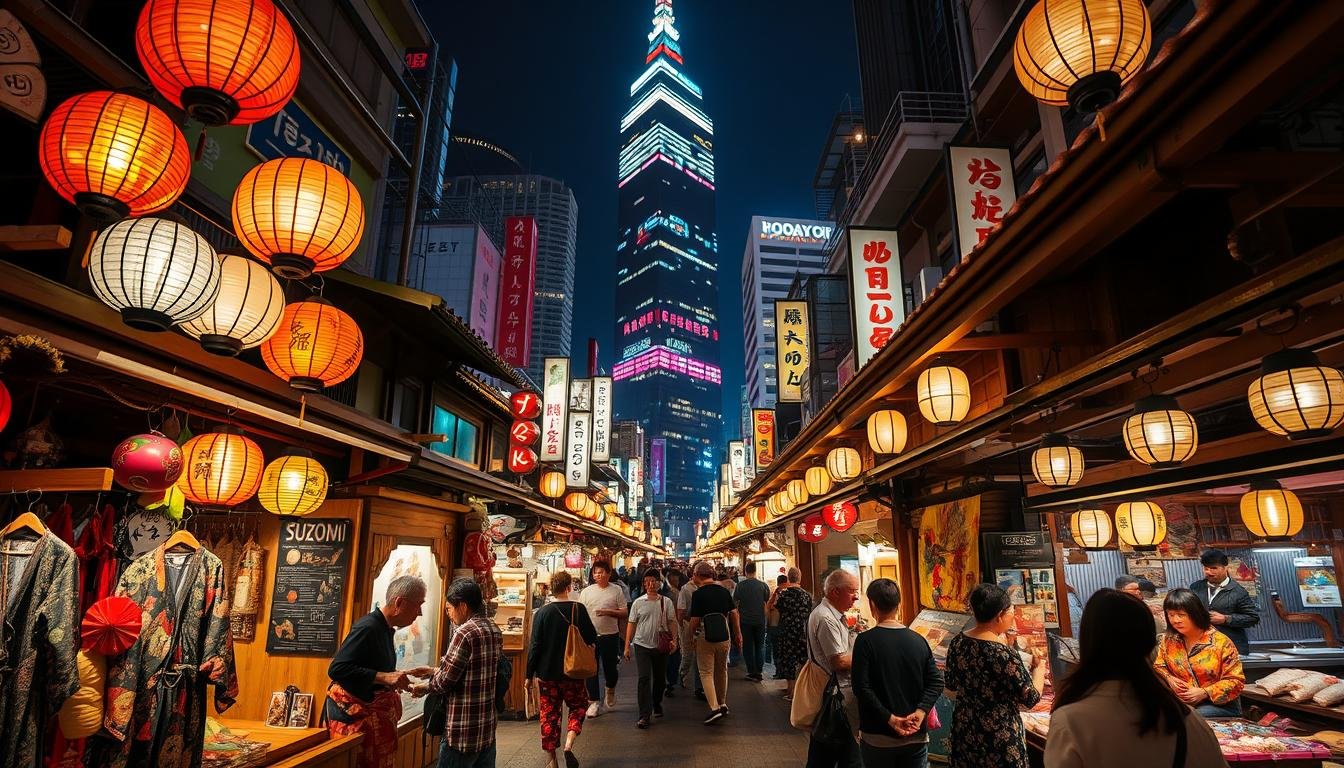 A vibrant Tokyo night market, bustling with a captivating blend of traditional and modern elements. In the foreground, colorful lanterns and wooden stalls offer an array of handcrafted goods, from intricate kimonos to delicate paper fans. The middle ground is alive with the energy of the crowd, as local vendors enthusiastically showcase their unique wares, their voices mingling with the sizzle of street food. In the background, the towering skyscrapers of the metropolis cast a neon glow, creating an enchanting contrast between the timeless and the contemporary. Soft, warm lighting bathes the scene, evoking a sense of timeless wonder and cultural immersion. Captured through a wide-angle lens, this image invites the viewer to step into the captivating world of the Tokyo night market, where the past and present coexist in perfect harmony.