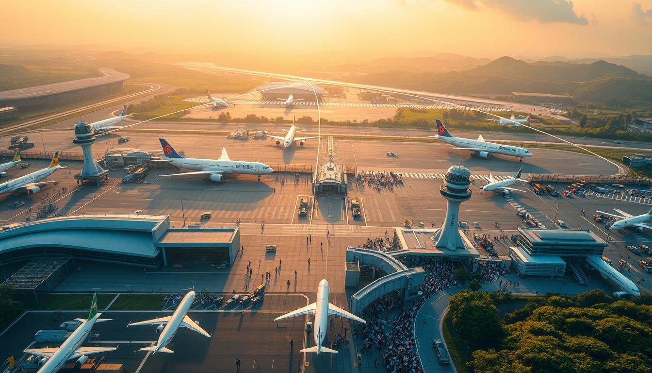 A vibrant aerial view of Taiwan's major airports, each connected by distinct flight paths leading to South Korea. The scene showcases a diverse range of airport terminals, runways, and control towers bathed in warm, golden light, creating a sense of dynamism and global connectivity. In the foreground, detailed aircraft models take flight, while the middle ground features bustling airport activity and crowds of travelers. The background panorama reveals the lush, verdant landscapes that frame these critical transportation hubs, highlighting Taiwan's strategic position as a regional aviation hub. The overall composition conveys the seamless integration of Taiwan's domestic airports with the thriving air travel network between the two countries.