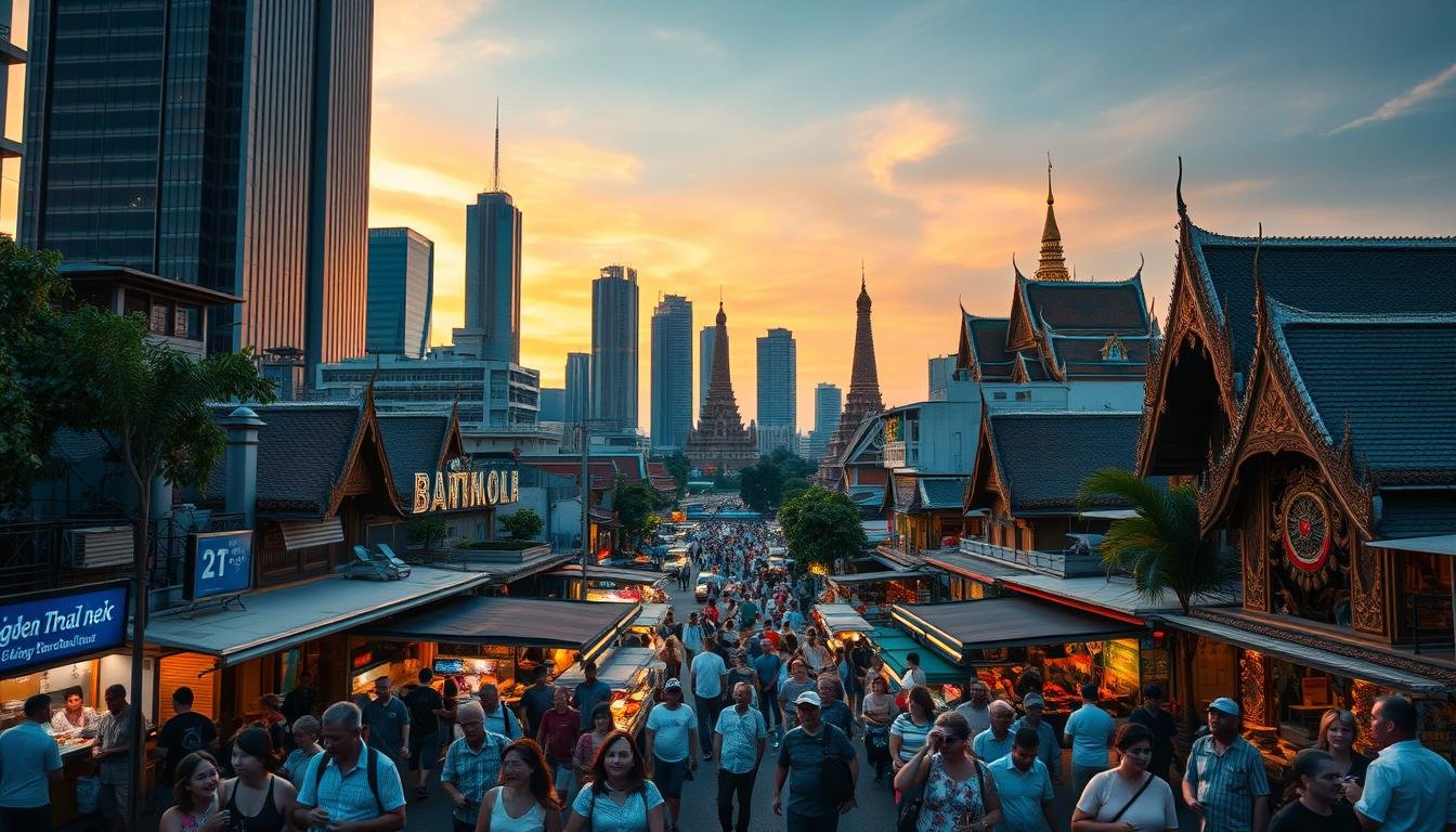 A vibrant aerial view of the bustling streets of Bangkok, Thailand, bathed in the warm hues of the sunset. Towering skyscrapers and iconic landmarks like the Grand Palace and Wat Arun stand tall, reflecting the city's rich cultural heritage. In the foreground, a crowd of tourists navigates the lively night markets, their expressions a mix of wonder and caution, as they explore the delights and potential risks of this dynamic destination. The scene is captured with a cinematic wide-angle lens, emphasizing the scale and complexity of the urban landscape, while a soft, diffused lighting creates a sense of safety and reassurance, hinting at the carefully curated travel experience that awaits the discerning visitor.