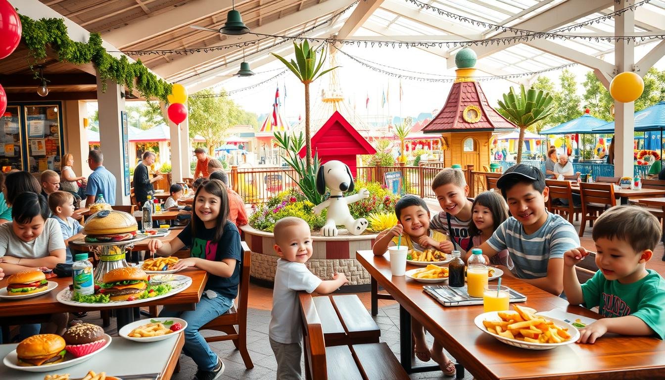 A vibrant, airy family-friendly dining area at a Snoopy-themed amusement park. In the foreground, a variety of colorful menu options are displayed, from themed burgers and fries to sweets and beverages. Cheerful families with children of various ages sit at cozy wooden tables, enjoying their meals and taking in the lively atmosphere. The middle ground features a playful Snoopy statue, surrounded by lush greenery and whimsical decorations. In the background, the iconic Snoopy dog house and other amusement park rides can be seen, bathed in warm, natural lighting. The overall scene evokes a sense of joy, family togetherness, and the magic of the Snoopy universe.