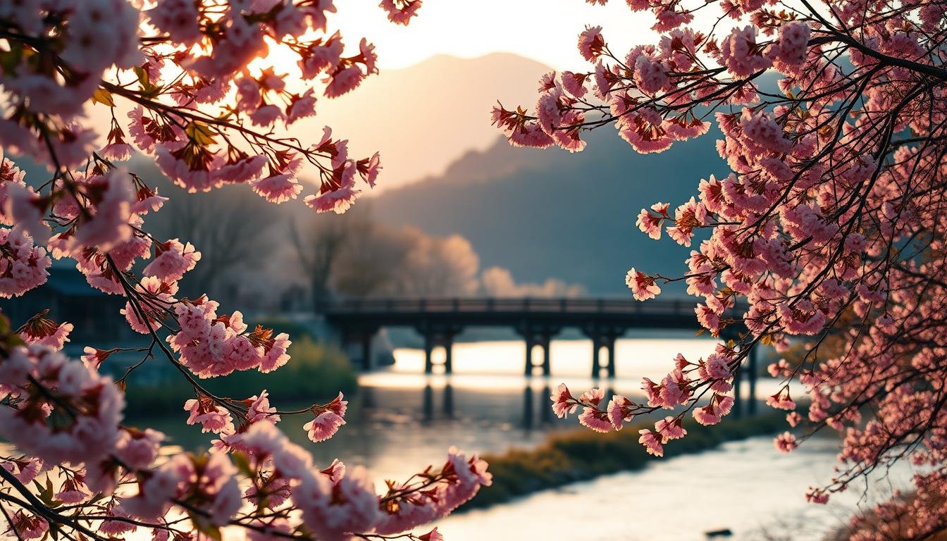 A vibrant and atmospheric scene of a seasonal day trip in Korea, showcasing the natural beauty and diversity of the country's landscapes. In the foreground, a lush and colorful display of cherry blossoms in full bloom, their delicate petals drifting lazily on a gentle breeze. The middle ground features a serene lake or river, with a traditional wooden bridge leading the way towards a distant, snow-capped mountain range. The background is bathed in the warm, golden light of the setting sun, casting a magical glow over the entire scene. The overall mood is one of tranquility, wonder, and the celebration of the changing seasons. Capture this enchanting moment with a cinematic, wide-angle lens, framed to highlight the harmonious balance of nature and the allure of exploring Korea's seasonal wonders. A vibrant and atmospheric scene of a seasonal day trip in Korea, showcasing the natural beauty and diversity of the country's landscapes. In the foreground, a lush and colorful display of cherry blossoms in full bloom, their delicate petals drifting lazily on a gentle breeze. The middle ground features a serene lake or river, with a traditional wooden bridge leading the way towards a distant, snow-capped mountain range. The background is bathed in the warm, golden light of the setting sun, casting a magical glow over the entire scene. The overall mood is one of tranquility, wonder, and the celebration of the changing seasons. Capture this enchanting moment with a cinematic, wide-angle lens, framed to highlight the harmonious balance of nature and the allure of exploring Korea's seasonal wonders.