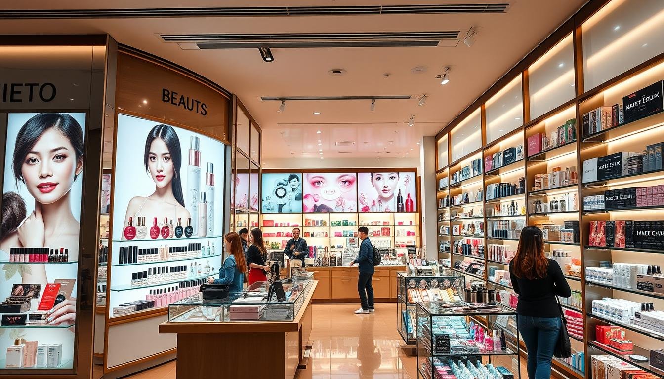 A vibrant and bustling Busan cosmetics store, showcasing an extensive array of premium Korean beauty products. The storefront features sleek, modern design with large display windows highlighting the latest makeup and skincare trends. Inside, the store is bathed in warm, natural lighting, creating a welcoming ambiance. Neatly organized shelves and counters display an impressive selection of high-quality makeup, skincare, and fragrance items from renowned Korean brands. Knowledgeable staff assist customers, offering personalized recommendations and product demonstrations. The store exudes an atmosphere of sophistication and indulgence, catering to the discerning beauty enthusiast seeking the finest in Korean cosmetics.