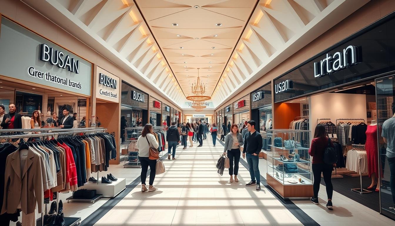 A vibrant and bustling Busan outlet mall, showcasing an array of renowned international brands. In the foreground, a display of stylish apparel, accessories, and footwear against a backdrop of gleaming storefronts. The middle ground reveals a crowd of shoppers eagerly perusing the array of exclusive discounts and promotional offers. The scene is bathed in warm, natural lighting, creating a inviting and energetic atmosphere. Geometrical patterns and sleek architectural details accentuate the modern and upscale ambiance of the outlet, enticing visitors to immerse themselves in the ultimate shopping experience.