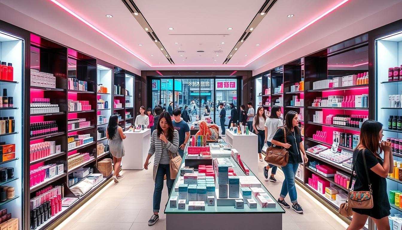 A vibrant and bustling Korean fashion and cosmetics store in Busan, featuring a dynamic display of the latest K-beauty trends. Brightly lit shelves showcase an array of colorful makeup, skincare, and hair products, inviting customers to immerse themselves in the captivating world of Korean style. Sleek, minimalist design elements create a modern, sophisticated ambiance, while interactive displays and product samples encourage hands-on engagement. Shoppers navigate the store, surrounded by the energetic hum of K-pop music and the alluring scents of Korean fragrances. The store's panoramic windows offer glimpses of the bustling Busan streetscape beyond, seamlessly blending the indoor and outdoor experiences. Vibrant colors, dynamic compositions, and a sense of youthful energy permeate the scene, capturing the essence of the Korean fashion and beauty phenomenon.