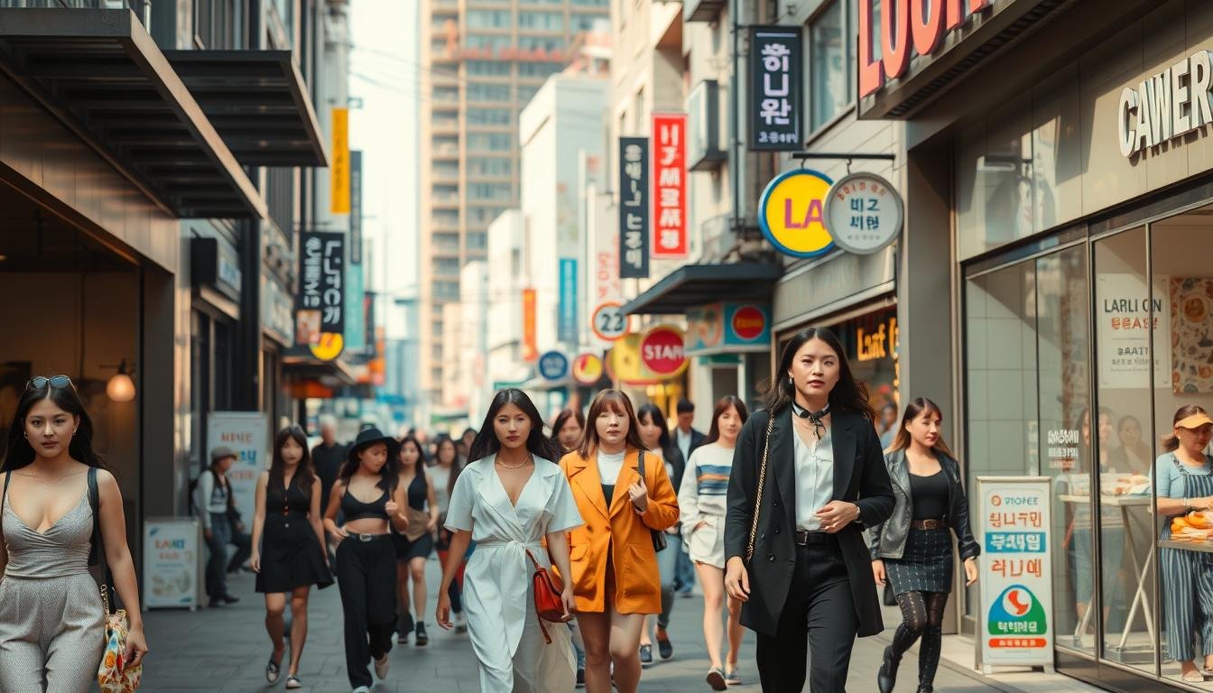 A vibrant and bustling fashion street in Busan, South Korea. The sidewalks are lined with trendy boutiques, indie shops, and street food vendors, creating a lively and youthful atmosphere. In the foreground, fashionable pedestrians strut by in a variety of contemporary styles, from sleek minimalist looks to bold and colorful outfits that showcase the latest Korean fashion trends. The middle ground features a mix of modern architecture, neon signs, and street art that add to the urban, cosmopolitan vibe. The background is softly blurred, allowing the focus to remain on the dynamic fashion scene unfolding on the street. Warm, natural lighting casts a flattering glow over the entire scene, highlighting the vibrant colors and textures of the clothing and the bustling energy of the location.