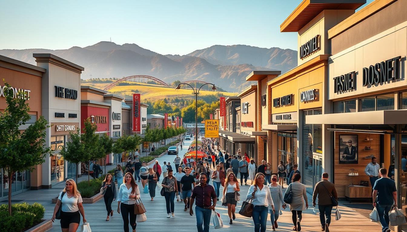 A vibrant and bustling open-air outlet mall, with a wide array of designer brand shops showcasing their latest merchandise through large, inviting storefront displays. The scene is bathed in warm, golden-hour sunlight, creating a sense of luxury and exclusivity. In the foreground, well-dressed shoppers stroll leisurely, carrying stylish shopping bags. The middle ground features rows of sleek, modern buildings housing the various outlet stores, their facades adorned with premium brand logos. In the background, lush greenery and a scenic mountain landscape provide a picturesque backdrop, adding to the sense of a high-end shopping destination. The overall atmosphere conveys a perfect blend of luxury, convenience, and the thrill of discovering discounted designer finds. A vibrant and bustling open-air outlet mall, with a wide array of designer brand shops showcasing their latest merchandise through large, inviting storefront displays. The scene is bathed in warm, golden-hour sunlight, creating a sense of luxury and exclusivity. In the foreground, well-dressed shoppers stroll leisurely, carrying stylish shopping bags. The middle ground features rows of sleek, modern buildings housing the various outlet stores, their facades adorned with premium brand logos. In the background, lush greenery and a scenic mountain landscape provide a picturesque backdrop, adding to the sense of a high-end shopping destination. The overall atmosphere conveys a perfect blend of luxury, convenience, and the thrill of discovering discounted designer finds.