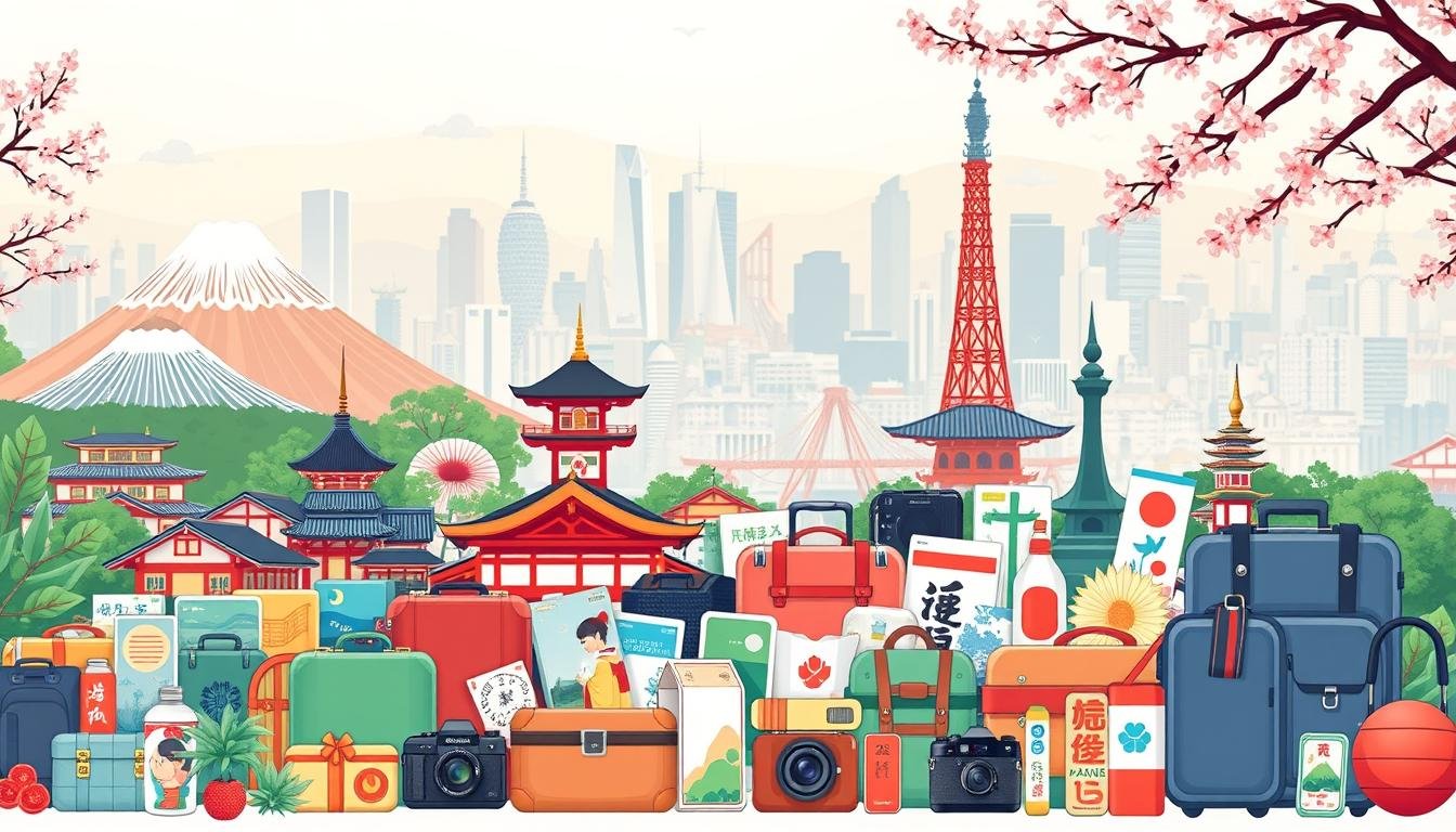A vibrant and detailed illustration of various Japanese travel products and services. In the foreground, an array of iconic Japanese landmarks and tourist attractions, such as Mount Fuji, geisha houses, and serene temples, meticulously rendered in a warm, inviting color palette. In the middle ground, various travel-related items are displayed, including suitcases, cameras, guidebooks, and traditional Japanese souvenirs, all arranged in a visually appealing manner. The background features a soft, blurred cityscape of Tokyo, with skyscrapers and cherry blossom trees creating a sense of place. The overall composition conveys a harmonious and well-curated selection of Japanese travel offerings, reflecting the article's focus on the best services for Taiwanese travelers. A vibrant and detailed illustration of various Japanese travel products and services. In the foreground, an array of iconic Japanese landmarks and tourist attractions, such as Mount Fuji, geisha houses, and serene temples, meticulously rendered in a warm, inviting color palette. In the middle ground, various travel-related items are displayed, including suitcases, cameras, guidebooks, and traditional Japanese souvenirs, all arranged in a visually appealing manner. The background features a soft, blurred cityscape of Tokyo, with skyscrapers and cherry blossom trees creating a sense of place. The overall composition conveys a harmonious and well-curated selection of Japanese travel offerings, reflecting the article's focus on the best services for Taiwanese travelers.