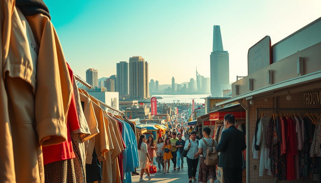A vibrant and diverse fashion scene in Busan, South Korea, captured through a cinematic lens. In the foreground, a varied display of garments showcases the city's sartorial creativity - from oversize silhouettes to minimalist designs, each piece exuding a unique character. The middle ground reveals a bustling shopping district, where locals and tourists alike immerse themselves in the thrill of discovery, browsing through the eclectic selection of boutiques and specialty stores. In the background, the iconic skyline of Busan rises, its towering skyscrapers and coastal landscapes providing a striking backdrop to the fashion-forward atmosphere. Warm, diffused lighting illuminates the scene, casting a subtle glow and evoking a sense of warmth and vibrancy. The overall composition captures the essence of Busan's diverse and ever-evolving fashion landscape.