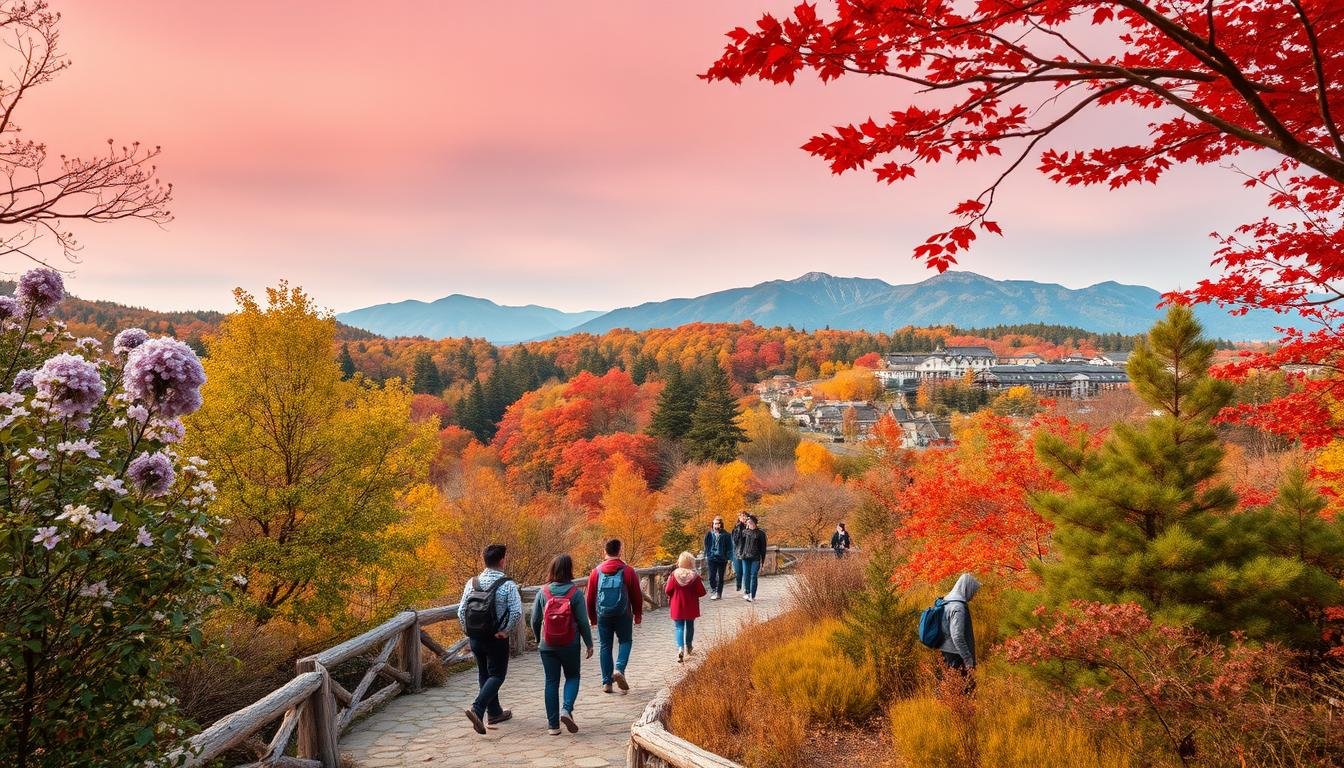 A vibrant and diverse landscape showcasing the distinct seasonal experiences of South Korea. In the foreground, a group of adventurous travelers explore a lush, verdant forest path in the spring, surrounded by blooming flowers and chirping birds. In the middle ground, a picturesque autumn scene unfolds, with visitors strolling through a forest of fiery red and golden leaves. Farther back, a serene winter wonderland emerges, with snowcapped mountains and a cozy village nestled in the distance, inviting guests to indulge in unique, limited-time activities. Warm, soft lighting filters through the environment, creating a sense of wonder and immersion. Shot with a wide-angle lens to capture the grandeur of the seasonal panorama.
