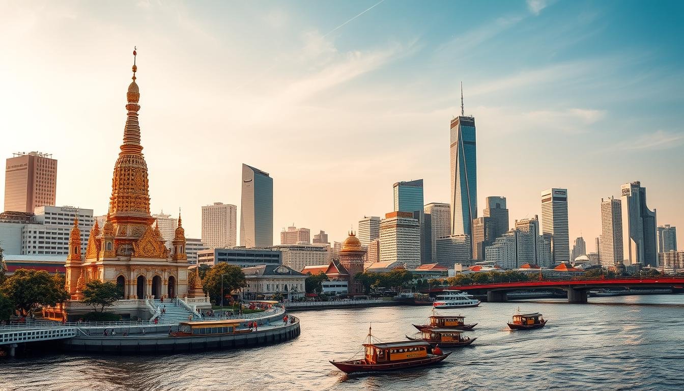 A vibrant and dynamic cityscape of Bangkok, capturing the essence of its most iconic landmarks. In the foreground, the grand and majestic Wat Arun temple, its intricate golden spires gleaming in the warm afternoon sunlight. In the middle ground, the serene Chao Phraya River flows gently, with long-tail boats ferrying passengers across its waters. In the background, the sleek and modern skyscrapers of the central business district rise up, creating a striking contrast between the ancient and the contemporary. The scene is bathed in a warm, golden hue, evoking the rich cultural heritage and vibrant energy of this captivating Thai metropolis.