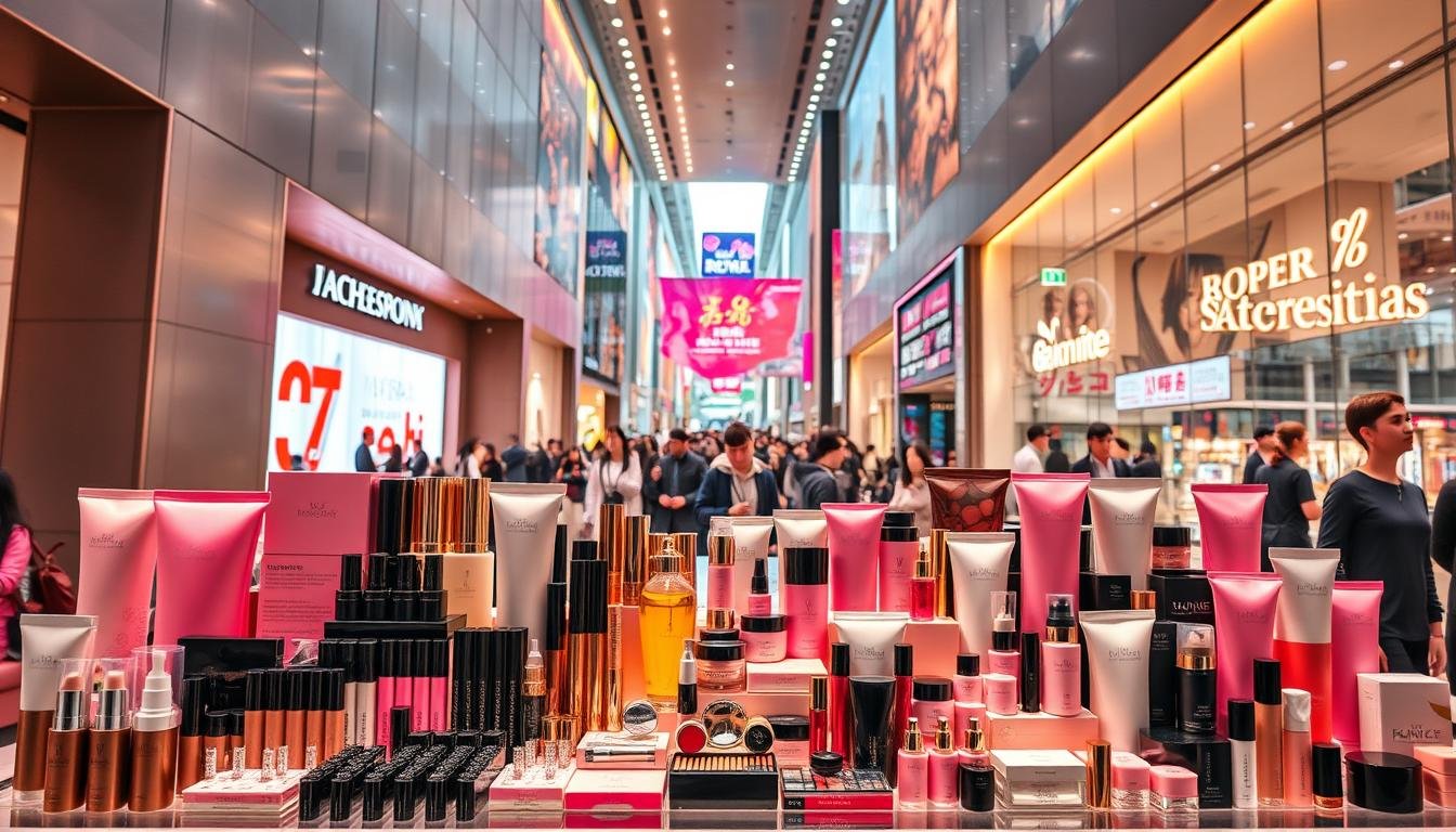 A vibrant and dynamic display of the must-buy beauty and cosmetic products from the trendiest shopping district in Busan. Set against a backdrop of sleek, modern architecture, the foreground showcases an array of exquisite Korean makeup, skincare, and personal care items arranged in an eye-catching and visually striking manner. Warm, soft lighting accentuates the premium packaging and alluring colors of the products, creating an inviting and aspirational atmosphere. The middle ground features a glimpse of the bustling streets and crowds of fashion-forward shoppers, conveying the energy and excitement of this cosmopolitan shopping destination. An overall sense of sophistication, luxury, and the latest beauty trends permeates the scene, enticing the viewer to explore and discover the must-have beauty finds of Busan.