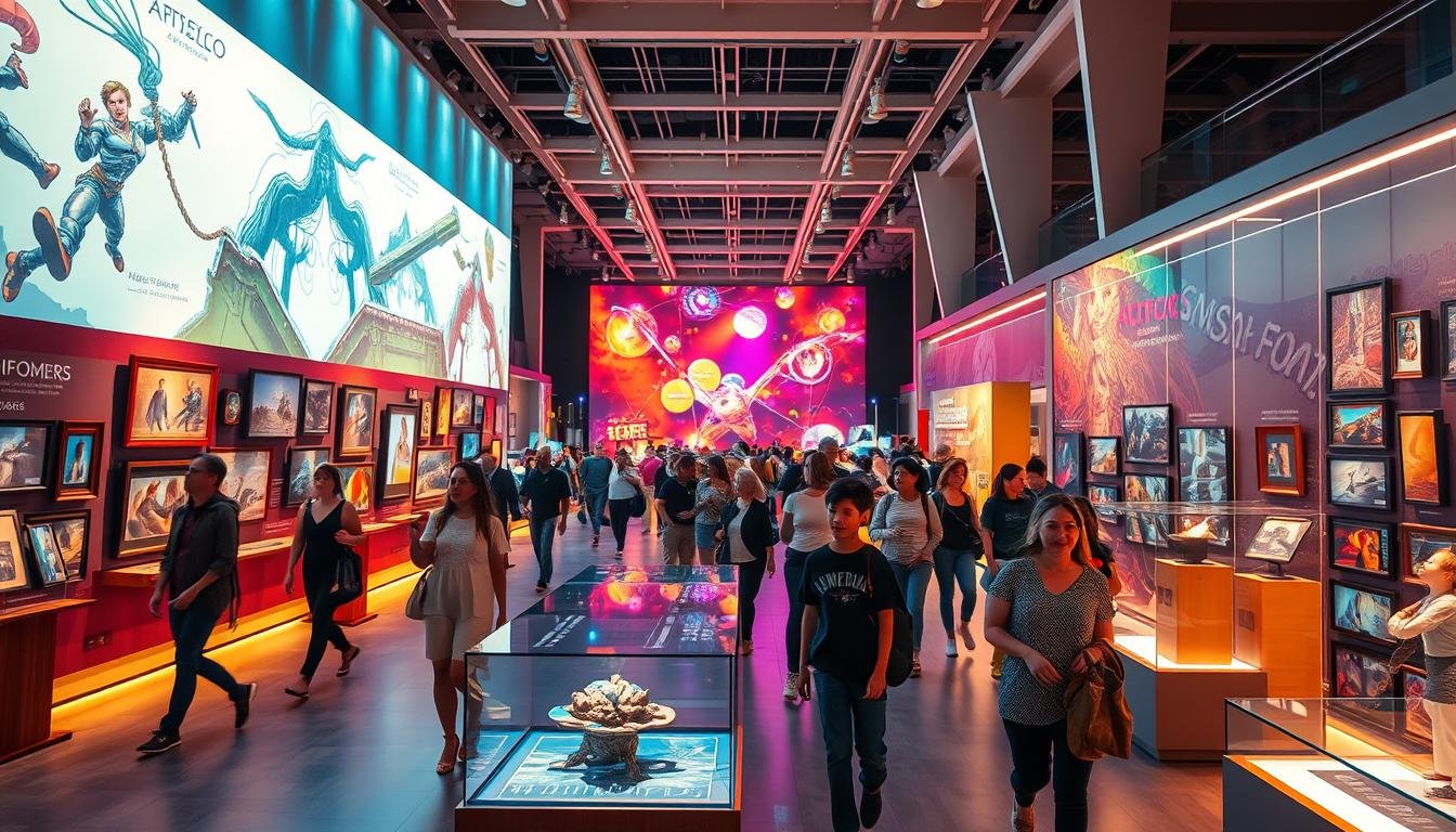 A vibrant and dynamic exhibition space, filled with captivating art displays and interactive installations. Vibrant lighting casts a warm glow, illuminating the intricate details of the carefully curated exhibits. Visitors move through the space, their expressions of awe and wonder captured in the scene. The middle ground features eye-catching focal points, drawing the viewer's attention to the most compelling aspects of the exhibition. In the background, sleek and modern architectural elements frame the dynamic setting, creating a visually striking and immersive atmosphere. The overall mood is one of excitement and inspiration, inviting the viewer to explore and discover the treasures within. A vibrant and dynamic exhibition space, filled with captivating art displays and interactive installations. Vibrant lighting casts a warm glow, illuminating the intricate details of the carefully curated exhibits. Visitors move through the space, their expressions of awe and wonder captured in the scene. The middle ground features eye-catching focal points, drawing the viewer's attention to the most compelling aspects of the exhibition. In the background, sleek and modern architectural elements frame the dynamic setting, creating a visually striking and immersive atmosphere. The overall mood is one of excitement and inspiration, inviting the viewer to explore and discover the treasures within.