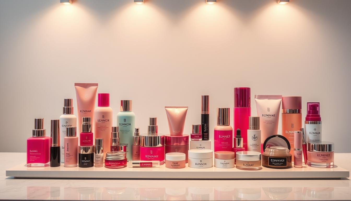 A vibrant and eye-catching display of high-quality Korean beauty products arranged elegantly on a sleek, modern table. The scene features an array of meticulously crafted cosmetics, skincare, and makeup items from renowned Busan-based brands, showcasing their innovative formulas and chic packaging. Soft, warm lighting from above gently illuminates the products, highlighting their luxurious textures and alluring colors. The composition strikes a balance between minimalism and sophistication, with a clean, uncluttered background allowing the products to take center stage. An atmosphere of refinement and trend-setting style permeates the scene, inviting the viewer to explore the exceptional quality and creativity of Busan's thriving beauty industry.