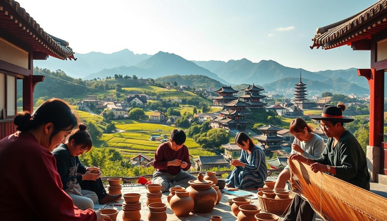 A vibrant and immersive scene showcasing the diverse travel experiences of South Korea. In the foreground, a group of people engage in traditional cultural activities such as making pottery, weaving, or learning calligraphy, captured in warm, natural lighting. The middle ground features a lush, verdant landscape with rolling hills and picturesque villages, hinting at the country's natural beauty. In the background, towering mountains and ancient temples create a serene and awe-inspiring backdrop, conveying the depth and richness of Korean heritage. The overall atmosphere is one of cultural immersion, wonder, and a sense of being fully immersed in the unique experiences that South Korea has to offer. A vibrant and immersive scene showcasing the diverse travel experiences of South Korea. In the foreground, a group of people engage in traditional cultural activities such as making pottery, weaving, or learning calligraphy, captured in warm, natural lighting. The middle ground features a lush, verdant landscape with rolling hills and picturesque villages, hinting at the country's natural beauty. In the background, towering mountains and ancient temples create a serene and awe-inspiring backdrop, conveying the depth and richness of Korean heritage. The overall atmosphere is one of cultural immersion, wonder, and a sense of being fully immersed in the unique experiences that South Korea has to offer.