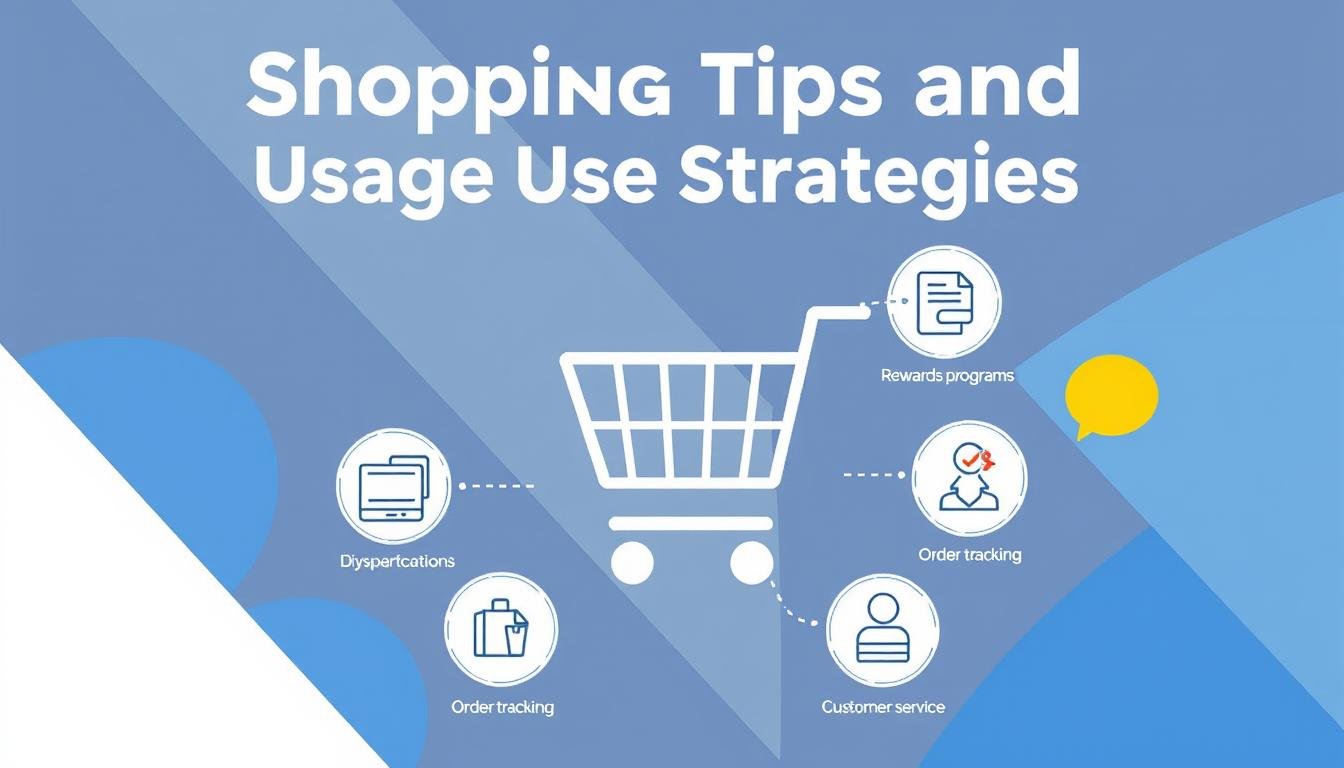 A vibrant and informative illustration showcasing the "Shopping Tips and Discount Usage Strategies" section. Set against a modern, minimalist backdrop, the image features a stylized shopping cart icon overlaid with various icons representing key points of interest: discounts, rewards programs, order tracking, and customer service. The composition utilizes a clean, geometric layout with a color palette of blues, grays, and accents of yellow to convey a sense of professionalism and approachability. The overall mood is one of helpful guidance, empowering the viewer to navigate the online shopping experience with confidence and ease.