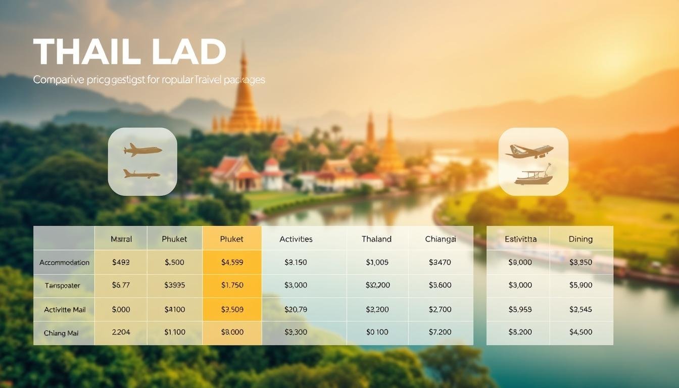 A vibrant and informative infographic showcasing comparative pricing for popular Thai travel packages. A clean, minimalist layout with eye-catching graphics and simple icons. The foreground features a grid-based display of various travel costs, such as accommodation, transportation, activities, and dining. The middle ground highlights key destinations like Bangkok, Phuket, and Chiang Mai, each with their distinct pricing ranges. The background depicts a serene Thai landscape with lush greenery, golden temples, and a gently curving river. Soft, warm lighting casts a welcoming ambiance, inviting the viewer to explore Thailand's diverse offerings. Technical details include a wide-angle lens to capture the panoramic scene, with a slightly elevated camera angle for an engaging perspective. A vibrant and informative infographic showcasing comparative pricing for popular Thai travel packages. A clean, minimalist layout with eye-catching graphics and simple icons. The foreground features a grid-based display of various travel costs, such as accommodation, transportation, activities, and dining. The middle ground highlights key destinations like Bangkok, Phuket, and Chiang Mai, each with their distinct pricing ranges. The background depicts a serene Thai landscape with lush greenery, golden temples, and a gently curving river. Soft, warm lighting casts a welcoming ambiance, inviting the viewer to explore Thailand's diverse offerings. Technical details include a wide-angle lens to capture the panoramic scene, with a slightly elevated camera angle for an engaging perspective.