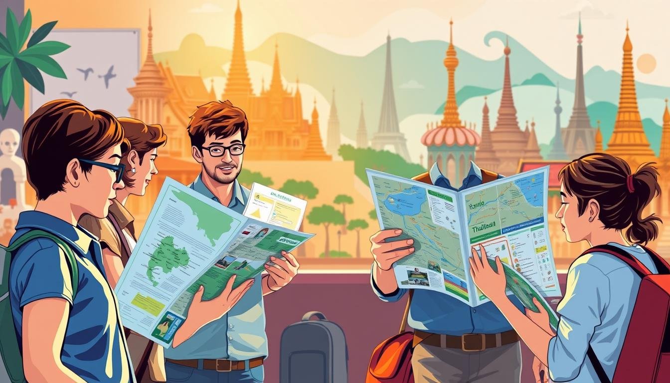 A vibrant and informative travel guide illustration depicting the process of selecting the perfect group tour itinerary for a trip to Thailand. The foreground showcases a diverse array of travelers - young and old, families, and solo adventurers - carefully examining detailed travel brochures and maps. In the middle ground, a travel agent gestures enthusiastically, providing personalized recommendations. The background depicts various Thai landmarks and attractions, hinting at the rich experiences awaiting the prospective tourists. The lighting is warm and inviting, creating an atmosphere of excitement and exploration. The composition is balanced, drawing the viewer's eye through the layers of the scene, capturing the essence of curating the ideal group tour experience. A vibrant and informative travel guide illustration depicting the process of selecting the perfect group tour itinerary for a trip to Thailand. The foreground showcases a diverse array of travelers - young and old, families, and solo adventurers - carefully examining detailed travel brochures and maps. In the middle ground, a travel agent gestures enthusiastically, providing personalized recommendations. The background depicts various Thai landmarks and attractions, hinting at the rich experiences awaiting the prospective tourists. The lighting is warm and inviting, creating an atmosphere of excitement and exploration. The composition is balanced, drawing the viewer's eye through the layers of the scene, capturing the essence of curating the ideal group tour experience.