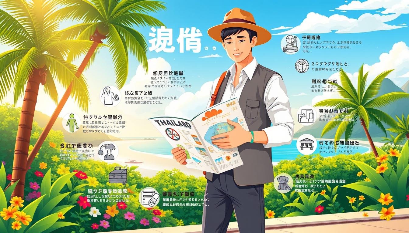 A vibrant and informative travel guide illustration depicting "旅遊貼士與穿衣指南" for Thailand. The scene shows a lush, tropical landscape with palm trees, colorful flowers, and a tranquil beach in the background. In the foreground, a well-dressed traveler stands, consulting a travel guide and map, offering guidance on appropriate attire and packing essentials for various weather conditions and activities. The lighting is natural and warm, creating a welcoming and aspirational atmosphere. The composition is balanced, with the traveler positioned as the focal point, surrounded by helpful icons and graphics highlighting key travel tips. The overall impression is one of useful, visually engaging information to prepare the reader for an enriching Thai adventure. A vibrant and informative travel guide illustration depicting "旅遊貼士與穿衣指南" for Thailand. The scene shows a lush, tropical landscape with palm trees, colorful flowers, and a tranquil beach in the background. In the foreground, a well-dressed traveler stands, consulting a travel guide and map, offering guidance on appropriate attire and packing essentials for various weather conditions and activities. The lighting is natural and warm, creating a welcoming and aspirational atmosphere. The composition is balanced, with the traveler positioned as the focal point, surrounded by helpful icons and graphics highlighting key travel tips. The overall impression is one of useful, visually engaging information to prepare the reader for an enriching Thai adventure.