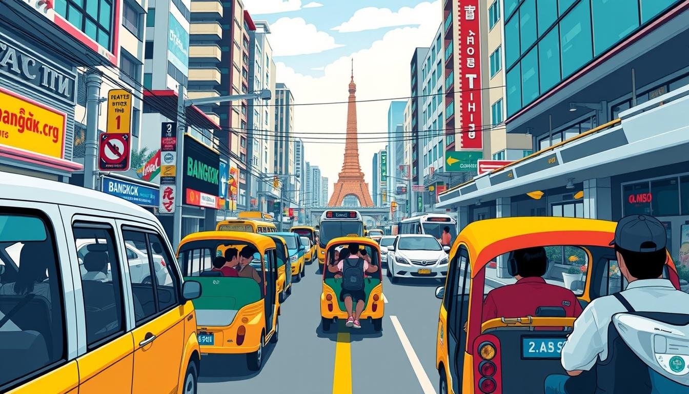 A vibrant and informative visual guide to the diverse local transportation options in Bangkok and Pattaya. Showcasing a variety of modes, from tuk-tuks and taxis to the iconic Skytrain and river ferries. Depicts the bustling urban landscape with a focus on the unique character and convenience of each transportation type. Rendered in a clean, illustrative style with an emphasis on practical details to help travelers navigate the cities with ease. Captures the lively energy and color of the local transit experience through thoughtful camera angles and dynamic compositions. A vibrant and informative visual guide to the diverse local transportation options in Bangkok and Pattaya. Showcasing a variety of modes, from tuk-tuks and taxis to the iconic Skytrain and river ferries. Depicts the bustling urban landscape with a focus on the unique character and convenience of each transportation type. Rendered in a clean, illustrative style with an emphasis on practical details to help travelers navigate the cities with ease. Captures the lively energy and color of the local transit experience through thoughtful camera angles and dynamic compositions.