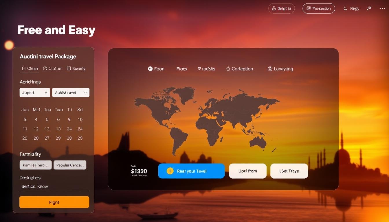 A vibrant and intuitive online booking interface showcasing a "Free and Easy" travel package service. The foreground features various customization options, with a dynamic calendar, destination filters, and pricing details. In the middle ground, a world map highlights popular travel locations, while the background depicts a serene landscape with silhouettes of iconic landmarks. Warm lighting and a clean, user-friendly design evoke a sense of effortless travel planning. The overall atmosphere conveys the convenience and flexibility of the online booking experience. A vibrant and intuitive online booking interface showcasing a "Free and Easy" travel package service. The foreground features various customization options, with a dynamic calendar, destination filters, and pricing details. In the middle ground, a world map highlights popular travel locations, while the background depicts a serene landscape with silhouettes of iconic landmarks. Warm lighting and a clean, user-friendly design evoke a sense of effortless travel planning. The overall atmosphere conveys the convenience and flexibility of the online booking experience.