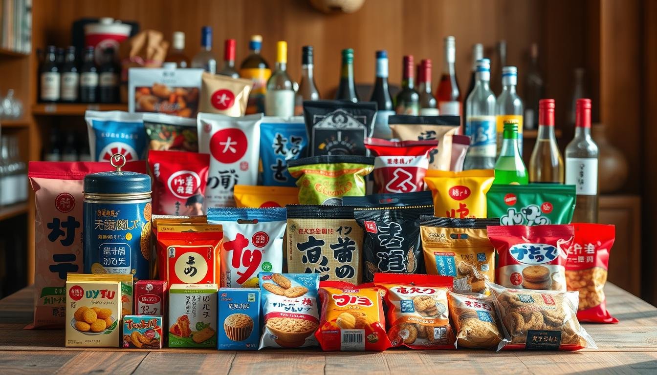 A vibrant and inviting array of popular Korean snacks and gifts, captured in a warm, natural light. In the foreground, an assortment of colorful candy boxes, fragrant tea canisters, and crunchy seaweed packets sit on a rustic wooden surface. In the middle ground, glossy packages of instant noodles and savory biscuits stand proudly, while in the background, a selection of bottled drinks and soju bottles add depth and variety. The composition is balanced and visually appealing, with a focus on the diverse range of Korean "Hallyu" souvenirs and treats. The overall atmosphere conveys a sense of cultural authenticity and holiday-inspired delight.