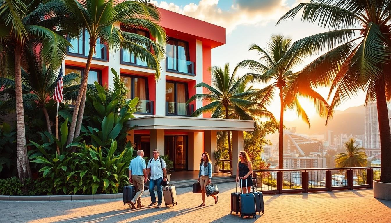 A vibrant and inviting hotel facade, surrounded by lush tropical greenery, with a prominent entrance and a modern, minimalist design. The building is bathed in warm, golden light, casting a welcoming glow. In the foreground, a group of travelers, luggage in hand, approach the hotel, their expressions filled with excitement and anticipation. In the background, a picturesque view of a bustling city skyline, hinting at the adventure that awaits. The scene conveys a sense of luxury, comfort, and the promise of an unforgettable travel experience. A vibrant and inviting hotel facade, surrounded by lush tropical greenery, with a prominent entrance and a modern, minimalist design. The building is bathed in warm, golden light, casting a welcoming glow. In the foreground, a group of travelers, luggage in hand, approach the hotel, their expressions filled with excitement and anticipation. In the background, a picturesque view of a bustling city skyline, hinting at the adventure that awaits. The scene conveys a sense of luxury, comfort, and the promise of an unforgettable travel experience.