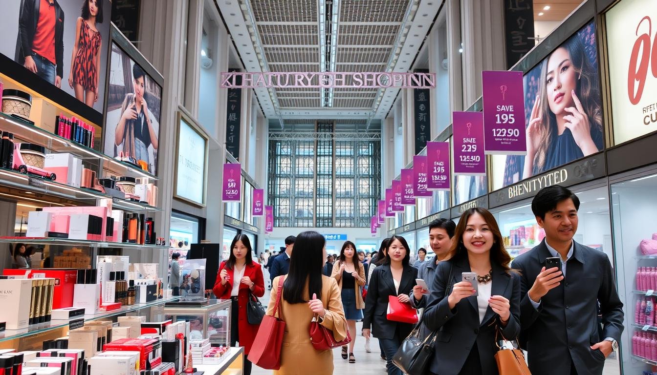 A vibrant and inviting showcase of a modern Korean duty-free shopping experience. In the foreground, a sleek and stylish display of luxurious products, from high-end fashion to premium cosmetics, all marked with enticing promotional tags. The middle ground features well-dressed shoppers eagerly browsing the aisles, their faces filled with excitement. In the background, the grand architecture of the duty-free store sets the scene, with its towering ceilings, bright lighting, and a sense of grandeur. The overall atmosphere conveys a sense of luxury, discovery, and the thrill of finding the perfect deals in this Korean shopping haven.