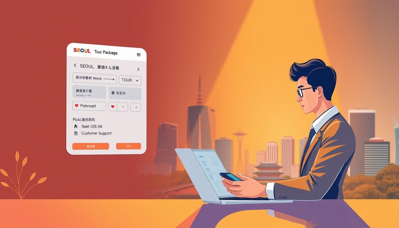 A vibrant and professional-looking image showcasing the key elements of "預訂保障與機位更新" for a Seoul tour package. In the foreground, a warm-toned illustration depicts a business person booking a tour online, with a laptop, calendar, and smartphone visible. The middle ground features a clean, modern interface displaying tour details, policies, and customer support options. In the background, a sleek cityscape of Seoul's iconic architecture sets the scene, bathed in soft, directional lighting that conveys a sense of professionalism and reliability. The overall composition strikes a balance between digital and analog elements, conveying the seamless, transparent booking experience.