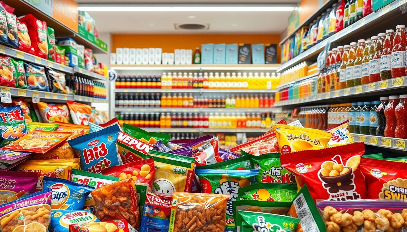 A vibrant and tempting display of popular Korean snacks and convenience store delicacies fills the frame. In the foreground, an assortment of colorful bags and packages of chips, candies, dried fruits, and other mouthwatering treats catch the eye. The middle ground showcases neatly arranged shelves stocked with a diverse selection of beverages, from fizzy sodas to artisanal juices. In the background, the warm, inviting lighting of the supermarket creates a cozy ambiance, drawing the viewer in. The overall scene exudes a sense of abundance and culinary delight, perfectly capturing the essence of a Korean supermarket's snack and food section. A vibrant and tempting display of popular Korean snacks and convenience store delicacies fills the frame. In the foreground, an assortment of colorful bags and packages of chips, candies, dried fruits, and other mouthwatering treats catch the eye. The middle ground showcases neatly arranged shelves stocked with a diverse selection of beverages, from fizzy sodas to artisanal juices. In the background, the warm, inviting lighting of the supermarket creates a cozy ambiance, drawing the viewer in. The overall scene exudes a sense of abundance and culinary delight, perfectly capturing the essence of a Korean supermarket's snack and food section.