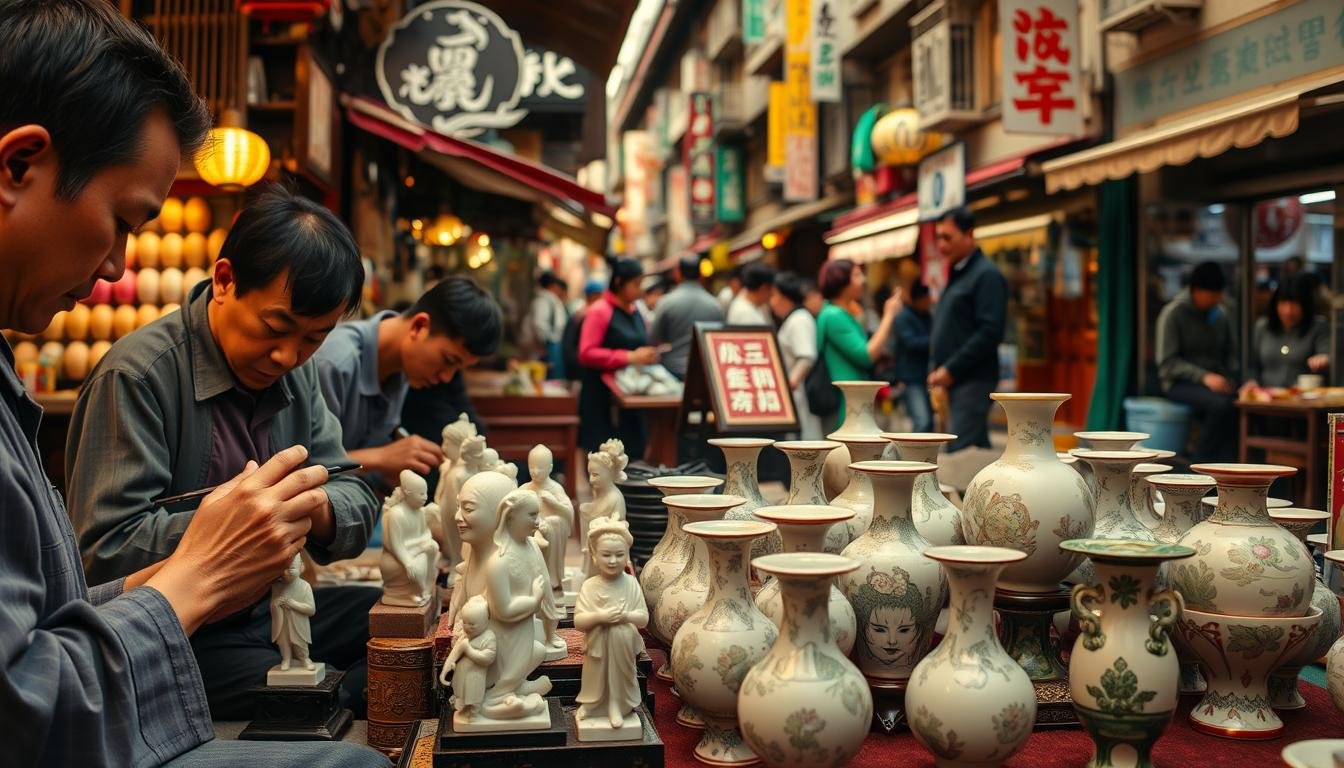 A vibrant and timeless scene of Hong Kong's traditional craftsmanship, captured in a warm, cinematic light. In the foreground, skilled artisans meticulously carve intricate jade figurines, their focused expressions and nimble movements conveying the depth of their craft. In the middle ground, an array of delicate porcelain vases, each adorned with delicate floral patterns, stand as testaments to the region's rich ceramic heritage. The background reveals the bustling streets of a historic Hong Kong neighborhood, where colorful street markets and quaint storefronts celebrate the enduring legacy of these timeless artforms.