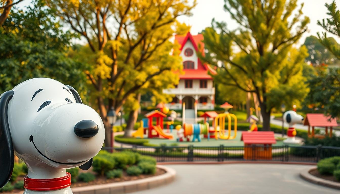 A vibrant and whimsical scene of the Snoopy-themed Taoyuan Park, showcasing its diverse array of attractions and facilities. In the foreground, a meticulously detailed Snoopy statue greets visitors, his iconic beagle grin radiating joy. The middle ground unveils a playful playground, complete with colorful slides and swings, surrounded by lush greenery and towering trees that cast a warm, natural light. In the background, the iconic Snoopy House stands tall, its intricate design and bold red roof beckoning exploration. The overall atmosphere exudes a sense of childlike wonder and nostalgia, inviting visitors to immerse themselves in the whimsical world of Snoopy and his friends.