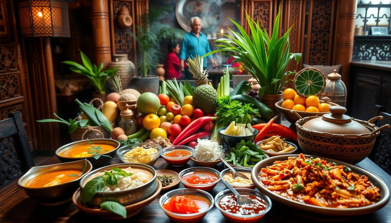 A vibrant array of local Chiang Mai delicacies adorns a traditional Thai-style table setting. In the foreground, steaming curries, aromatic stir-fries, and freshly made dipping sauces dance with vibrant colors and tantalizing scents. The middle ground showcases an array of fresh tropical fruits, crisp vegetables, and fragrant herbs, all carefully arranged to showcase the region's bountiful produce. The background features a cozy, rustic ambiance, with bamboo accents, intricate woodcarvings, and soft, diffused lighting that creates a warm, inviting atmosphere. This image captures the essence of Chiang Mai's vibrant and flavorful culinary traditions, inviting the viewer to savor the local specialties and experience the unique character of this Northern Thai city.