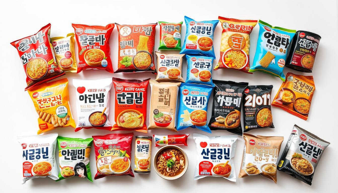 A vibrant array of popular Korean instant noodles and snacks, meticulously arranged on a clean, minimalist background. The selection includes a variety of ramen brands, spicy noodle packs, and savory, umami-rich instant meals, each with their distinct packaging and flavors. Soft, natural lighting illuminates the scene, highlighting the textures and colors of the products. The composition is balanced, with the items strategically placed to create a visually appealing and appetizing display. The overall mood is one of excitement and anticipation, inviting the viewer to explore the diverse and delectable world of Korean instant cuisine.