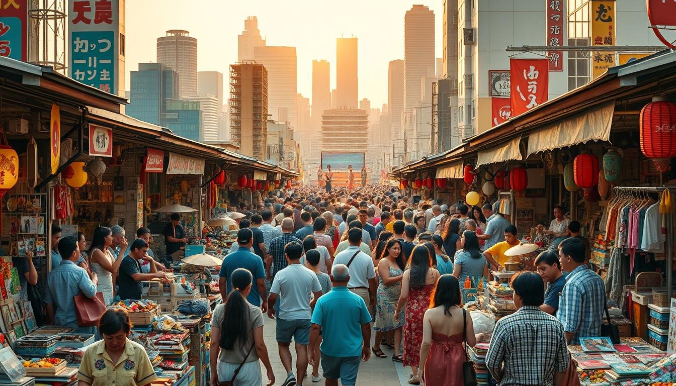 A vibrant, bustling flea market scene in Tokyo, 2025. The foreground is alive with colorful stalls, overflowing with an eclectic mix of vintage treasures, handcrafted goods, and unique curiosities. Browsers and shoppers weave through the crowd, immersed in the lively atmosphere. In the middle ground, energetic performers captivate the audience with traditional dances and live music, creating a festive ambiance. The background features the iconic cityscape of Tokyo, framed by towering skyscrapers and the warm, golden glow of the late summer sun. The overall scene is a celebration of the vibrant culture, diverse experiences, and timeless allure of this beloved flea market. A vibrant, bustling flea market scene in Tokyo, 2025. The foreground is alive with colorful stalls, overflowing with an eclectic mix of vintage treasures, handcrafted goods, and unique curiosities. Browsers and shoppers weave through the crowd, immersed in the lively atmosphere. In the middle ground, energetic performers captivate the audience with traditional dances and live music, creating a festive ambiance. The background features the iconic cityscape of Tokyo, framed by towering skyscrapers and the warm, golden glow of the late summer sun. The overall scene is a celebration of the vibrant culture, diverse experiences, and timeless allure of this beloved flea market.