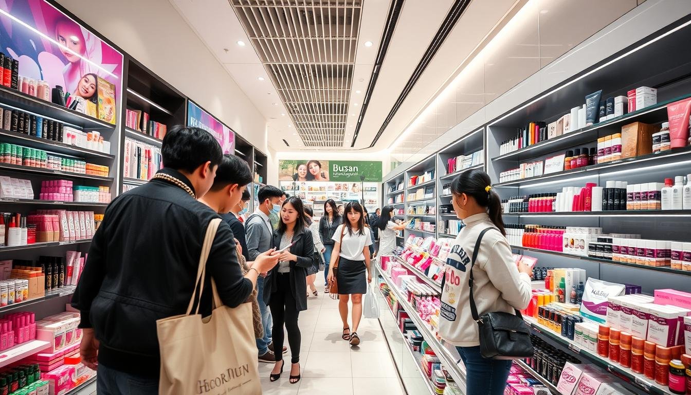 A vibrant, bustling scene in a Busan cosmetics store, showcasing the dynamic shopping experience. Rows of beautifully displayed makeup and skincare products line the shelves, creating a visually captivating display. Customers carefully examine the items, intrigued by the latest Korean beauty trends. Bright, natural lighting filters in, illuminating the array of colors and textures. The store's modern, minimalist design provides a sleek backdrop, allowing the products to take center stage. Shoppers move with purpose, engaged in the thrill of discovery, as they navigate the store's offerings. The atmosphere is one of energy and excitement, capturing the essence of Busan's vibrant fashion and beauty scene.