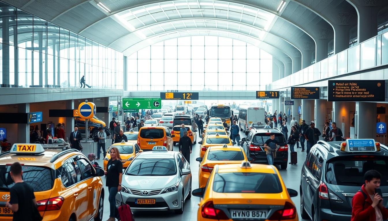 A vibrant, bustling scene of a modern airport terminal, showcasing the various transportation options available for travelers. In the foreground, commuters navigate through the terminal, with a mix of taxis, rideshares, and public transportation waiting to whisk them away to their destination. The middle ground features a dynamic flow of people, luggage, and signage, capturing the energy and efficiency of the airport's operations. In the background, the terminal's sleek architecture and natural light create a sense of spaciousness and modernity. The overall atmosphere is one of organized chaos, where the smooth integration of different modes of transport creates a seamless travel experience for the arriving and departing passengers.