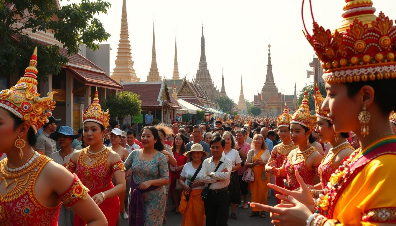 A vibrant celebration of Thai culture unfolds in the heart of a bustling city. In the foreground, a procession of colorfully clad performers dance to the rhythmic beats of traditional instruments. Intricate costumes and headdresses glimmer under the warm, natural lighting, capturing the energy and vibrancy of the occasion. In the middle ground, a crowd of onlookers gathers, their faces filled with wonder and delight as they immerse themselves in the spectacle. The background features towering, ornate temples and structures, their ornate architecture a testament to Thailand's rich heritage. The overall scene exudes a sense of joy, community, and the preservation of timeless cultural traditions.