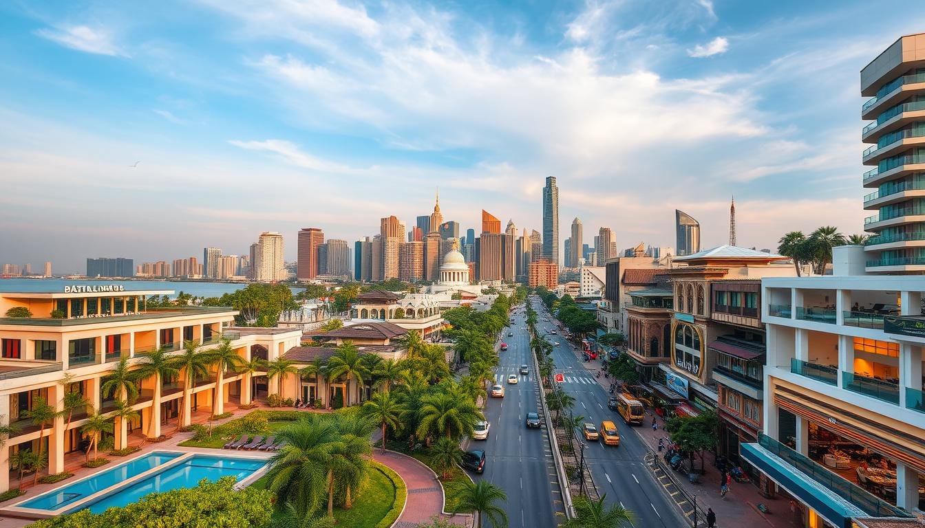 A vibrant cityscape of Bangkok's Pattaya district, showcasing a harmonious blend of luxurious and affordable travel experiences. In the foreground, a luxurious resort with modern architecture and lush greenery, its inviting pool and spa facilities visible. In the middle ground, bustling streets lined with a variety of dining and shopping options, catering to both high-end and budget-conscious travelers. The background features the iconic skyline of Pattaya, with towering skyscrapers and landmarks bathed in warm, golden light, creating an atmosphere of sophistication and relaxation. The overall scene conveys a sense of balance, where the lavish and the economical coexist seamlessly, offering travelers a diverse range of choices for their Thai adventure.