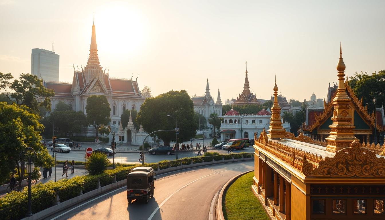 A vibrant cityscape of Bangkok's iconic landmarks, the Grand Palace and Wat Phra Kaew, captured under a warm afternoon sun. The grand, ornate architecture of the palace gleams in the light, surrounded by lush greenery and bustling streets. In the foreground, the intricate details of Wat Phra Kaew's golden spires and roofs stand out, inviting visitors to explore its sacred halls. The scene is framed by a winding road, with tuk-tuks and pedestrians adding to the energy of this renowned tourist destination. The image conveys the rich cultural heritage and vibrant atmosphere of this must-see Bangkok experience.