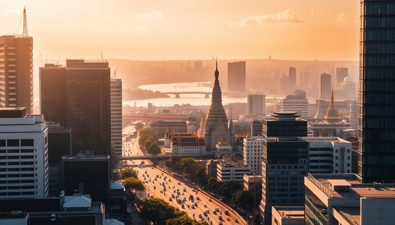 A vibrant cityscape of Bangkok's most iconic landmarks, bathed in warm, golden sunlight. In the foreground, towering skyscrapers and bustling streets, showcasing the city's modernity. The middle ground features the legendary Grand Palace, its ornate spires and intricate details capturing the essence of Thai architecture. In the background, the serene Chao Phraya River winds through the urban landscape, its tranquil waters reflecting the surrounding buildings. The scene exudes a sense of energy and excitement, inviting the viewer to explore the city's abundant cultural riches and unique shopping experiences.
