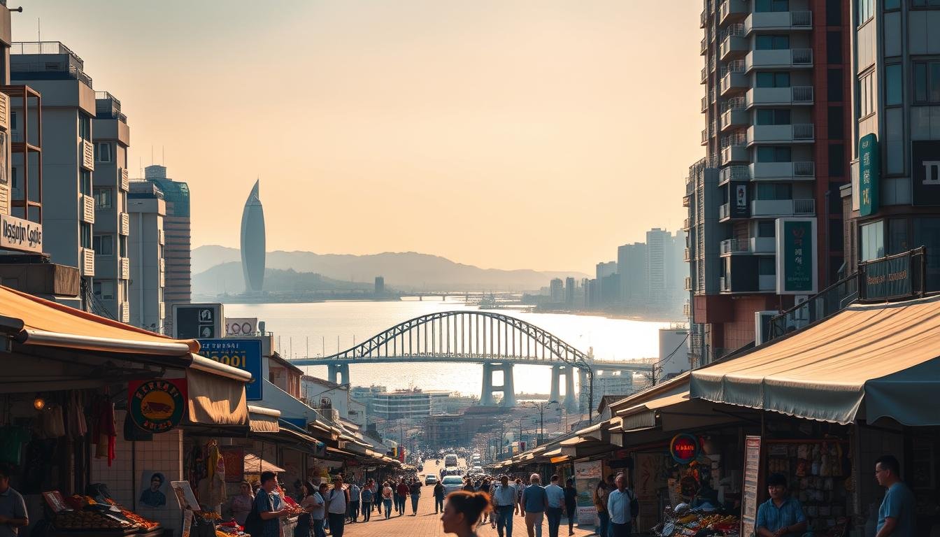 A vibrant cityscape of Busan, South Korea, captured in a panoramic frame. The foreground showcases a bustling street market, with vendors selling an array of local delicacies and handicrafts. In the middle ground, the iconic Gwangandaegyo Bridge stretches across the shimmering waters of Gwangalli Beach, its graceful arches reflected in the calm surface. The background is dominated by the towering silhouettes of Busan's skyscrapers, bathed in a warm, golden light that casts a serene glow over the entire scene. The composition is balanced, with a mix of candid street photography and breathtaking architectural vistas, inviting the viewer to immerse themselves in the vibrant, photogenic charm of this dynamic coastal city.