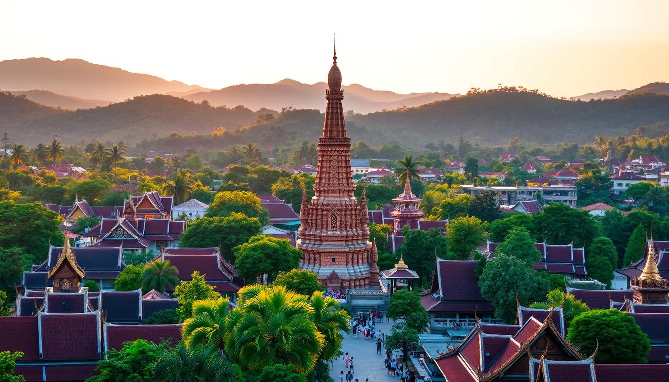 A vibrant cityscape of Chiang Mai, Thailand, bathed in warm, golden sunlight. In the foreground, a towering Buddhist temple with intricate architecture and ornate spires rises majestically, surrounded by lush tropical foliage. In the middle ground, traditional Thai-style rooftops and bustling markets create a lively, pedestrian-friendly atmosphere. The background features the rolling hills and verdant forests that characterize the region, providing a picturesque natural backdrop. The scene exudes a sense of tranquility and cultural richness, inviting the viewer to explore the captivating sights and sounds of this renowned travel destination.