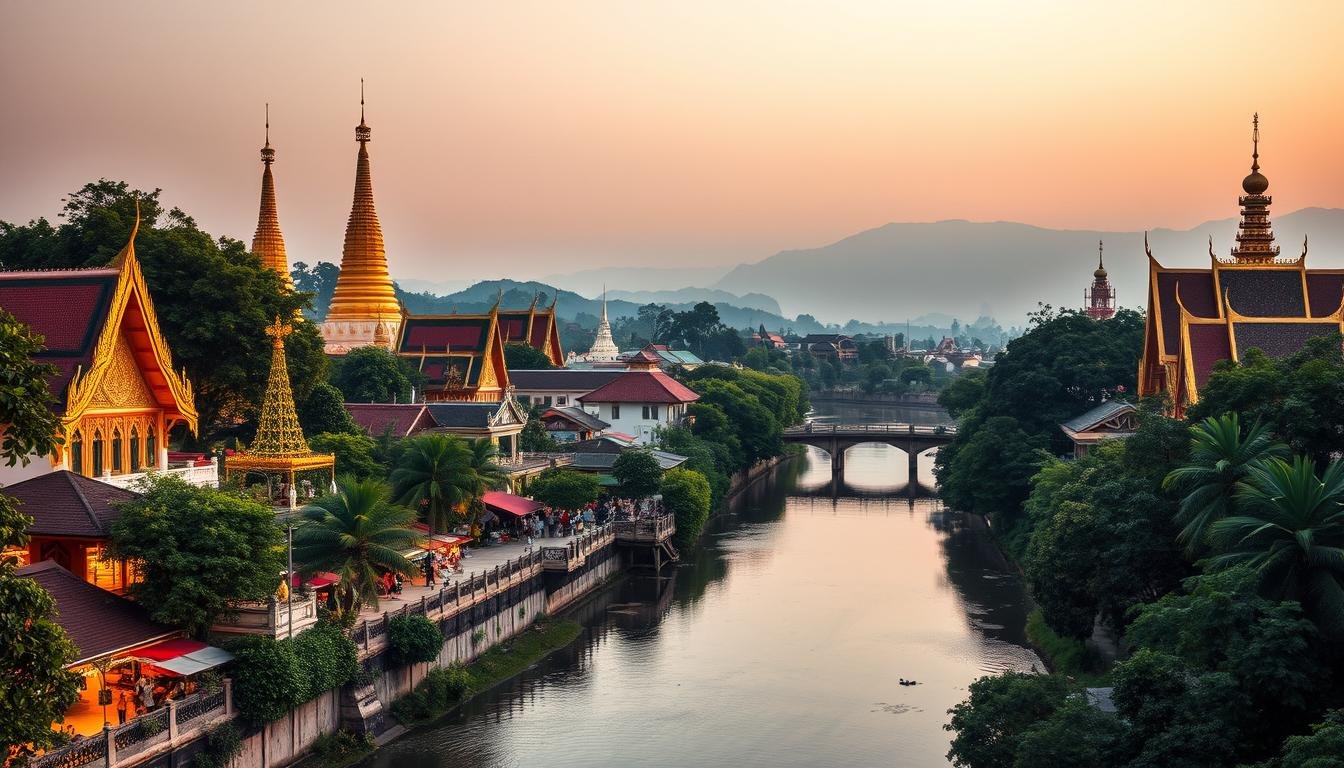 A vibrant cityscape of Chiang Mai, the cultural heart of northern Thailand. Majestic Buddhist temples with gilded spires stand tall, surrounded by lush tropical foliage. In the foreground, bustling night markets showcase local handicrafts and street food stalls, their warm lights casting a cozy glow. The middle ground features the meandering Ping River, its calm waters reflecting the city's landmarks. In the background, the misty silhouettes of distant mountains provide a serene backdrop. The scene is bathed in a soft, golden hour light, conveying a sense of peaceful, timeless charm. Capture the essence of Chiang Mai's vibrant culture and natural beauty through a wide-angle, cinematic lens.