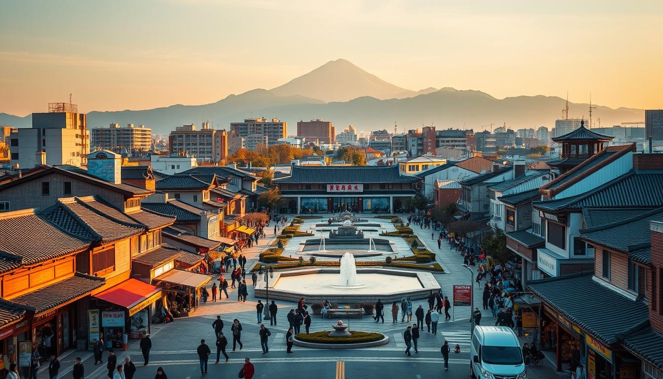 A vibrant cityscape of Daegu, South Korea, bathed in warm, golden light. In the foreground, bustling streets lined with traditional Korean architecture and shops, with locals going about their daily lives. In the middle ground, the iconic Banwoldang Fountain Plaza, its waters reflecting the surrounding buildings. In the distance, the towering Apsan Mountain rises, its peaks shrouded in a soft, hazy mist. The scene exudes a sense of cultural richness and tranquility, inviting the viewer to explore the depth and diversity of this captivating city. A vibrant cityscape of Daegu, South Korea, bathed in warm, golden light. In the foreground, bustling streets lined with traditional Korean architecture and shops, with locals going about their daily lives. In the middle ground, the iconic Banwoldang Fountain Plaza, its waters reflecting the surrounding buildings. In the distance, the towering Apsan Mountain rises, its peaks shrouded in a soft, hazy mist. The scene exudes a sense of cultural richness and tranquility, inviting the viewer to explore the depth and diversity of this captivating city.