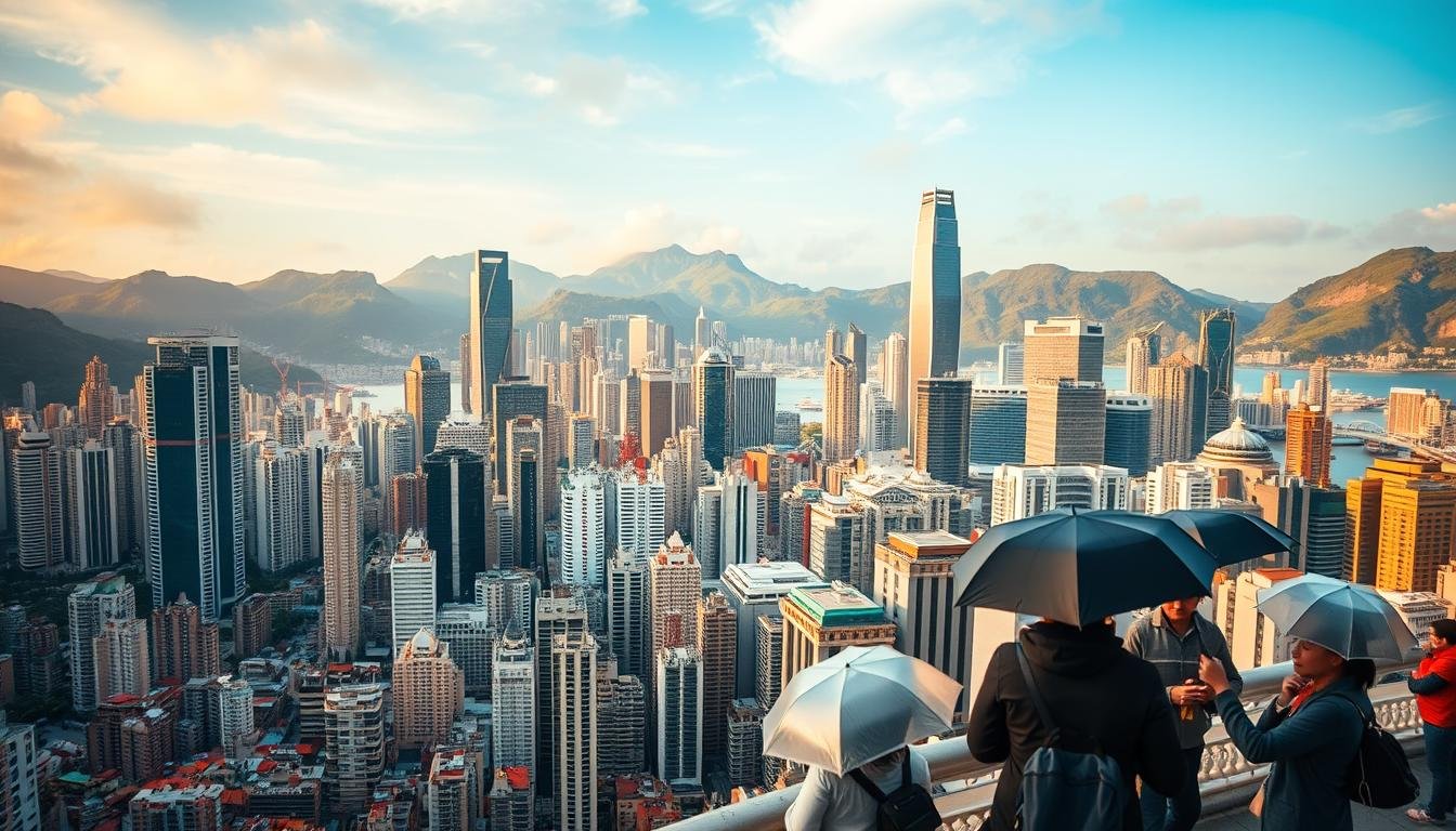 A vibrant cityscape of Hong Kong, bustling with activity and energy. In the foreground, a detailed map of the city unfolds, showcasing various landmarks and neighborhoods. The middle ground features people navigating the city's winding streets, carrying umbrellas or light jackets, reflecting the varying seasonal climates. The background is dominated by the iconic skyline of towering skyscrapers, set against a backdrop of lush, mountainous terrain. The lighting is a warm, golden hue, creating a welcoming and dynamic atmosphere. The composition is balanced, with a sense of depth and movement, guiding the viewer's eye through the different layers of the scene. A vibrant cityscape of Hong Kong, bustling with activity and energy. In the foreground, a detailed map of the city unfolds, showcasing various landmarks and neighborhoods. The middle ground features people navigating the city's winding streets, carrying umbrellas or light jackets, reflecting the varying seasonal climates. The background is dominated by the iconic skyline of towering skyscrapers, set against a backdrop of lush, mountainous terrain. The lighting is a warm, golden hue, creating a welcoming and dynamic atmosphere. The composition is balanced, with a sense of depth and movement, guiding the viewer's eye through the different layers of the scene.