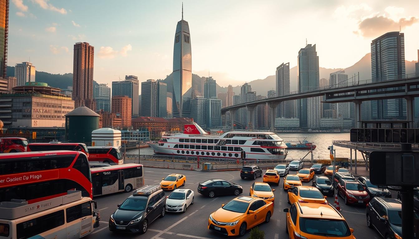 A vibrant cityscape of Hong Kong's diverse transportation options, captured with a cinematic flair. In the foreground, a bustling intersection showcases an array of vehicles, from towering double-decker buses to nimble taxis and sleek private cars. The midground features the iconic Star Ferry crossing the harbor, its passengers enjoying panoramic views of the skyline. In the background, the distinctive silhouettes of the famous Peak Tram and the elevated railway system weave through the towering skyscrapers, creating a sense of interconnectedness and efficient mobility. The scene is illuminated by warm, golden-hour lighting, evoking a sense of energy and dynamism that is characteristic of Hong Kong's transportation landscape. A vibrant cityscape of Hong Kong's diverse transportation options, captured with a cinematic flair. In the foreground, a bustling intersection showcases an array of vehicles, from towering double-decker buses to nimble taxis and sleek private cars. The midground features the iconic Star Ferry crossing the harbor, its passengers enjoying panoramic views of the skyline. In the background, the distinctive silhouettes of the famous Peak Tram and the elevated railway system weave through the towering skyscrapers, creating a sense of interconnectedness and efficient mobility. The scene is illuminated by warm, golden-hour lighting, evoking a sense of energy and dynamism that is characteristic of Hong Kong's transportation landscape.
